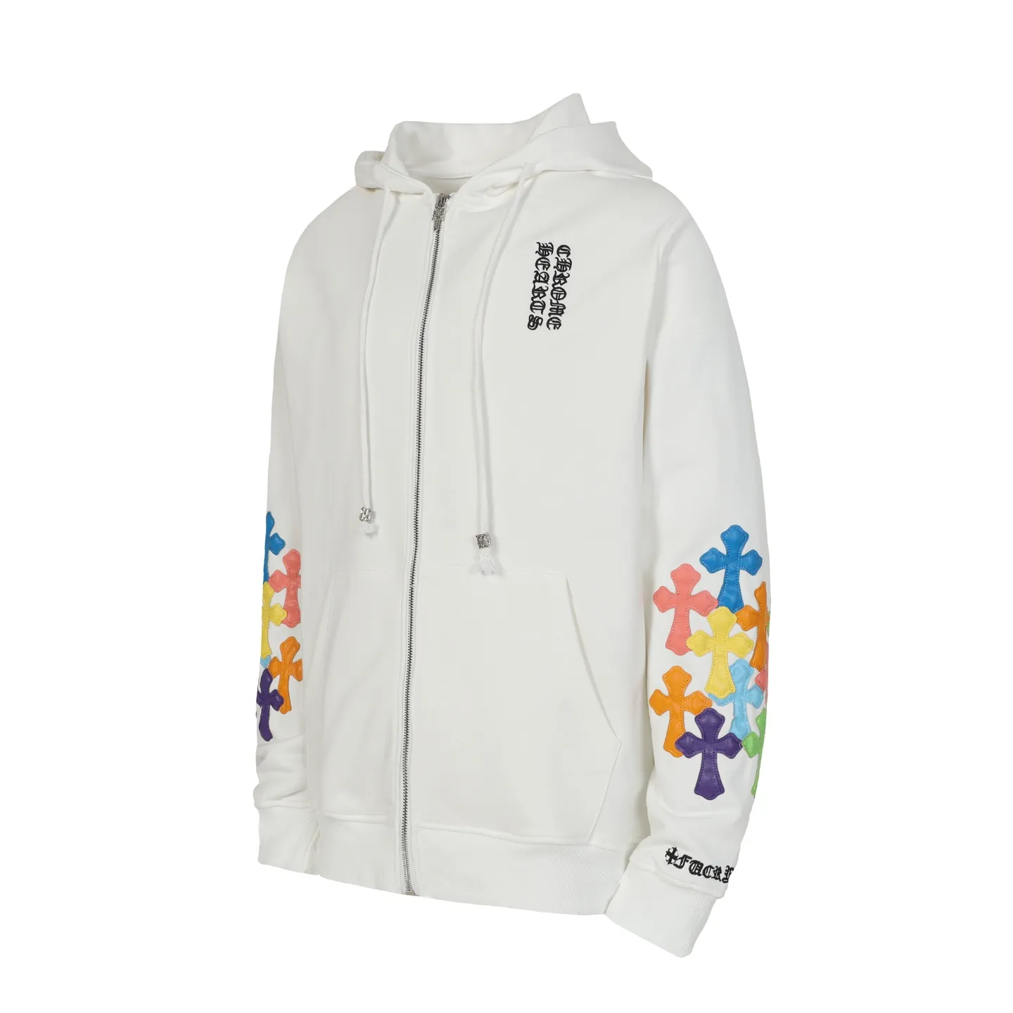P300 #K26 Heavy Industry Style - Chrome Hearts Colorful Cross ✝️ Inlay embroidered Sanskrit printed zipper sweatshirt cardigan jacket - High weight, high density and high quality. The wool is soft, delicate and skin-friendly. It feels soft and silky. It has excellent warmth and skin-friendly properties. - Custom-woven and dyed, no color difference. No matter the fabric or workmanship details, it beats the ordinary version on the market. - Hardware zipper accessories are all customized, full of details - Color: black white -Size: S M L XL